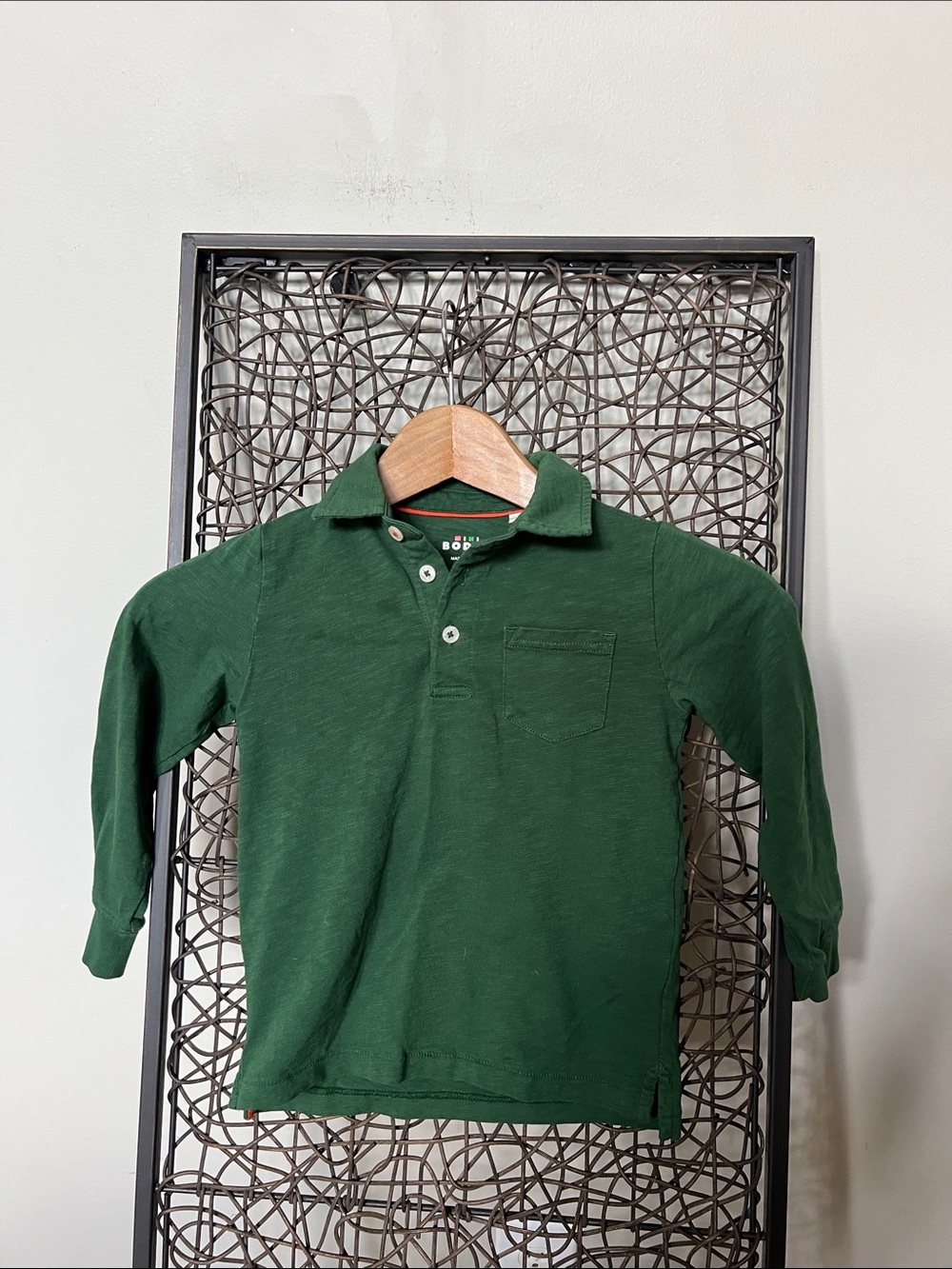 Mini Boden boys’ long sleeve slub polo shirt dark green forest size 5-6Years